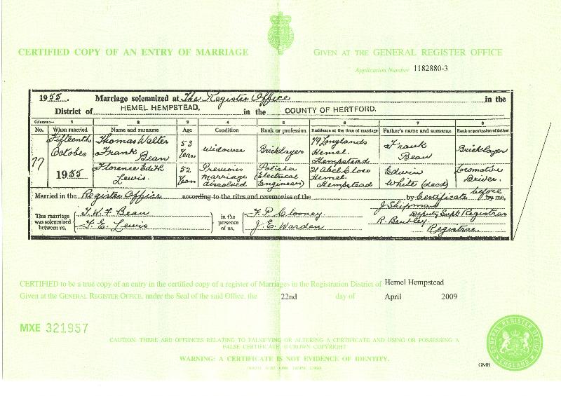 Thomas Walter Frank Bean & Florence Edith White 1955 Marriage Certificate